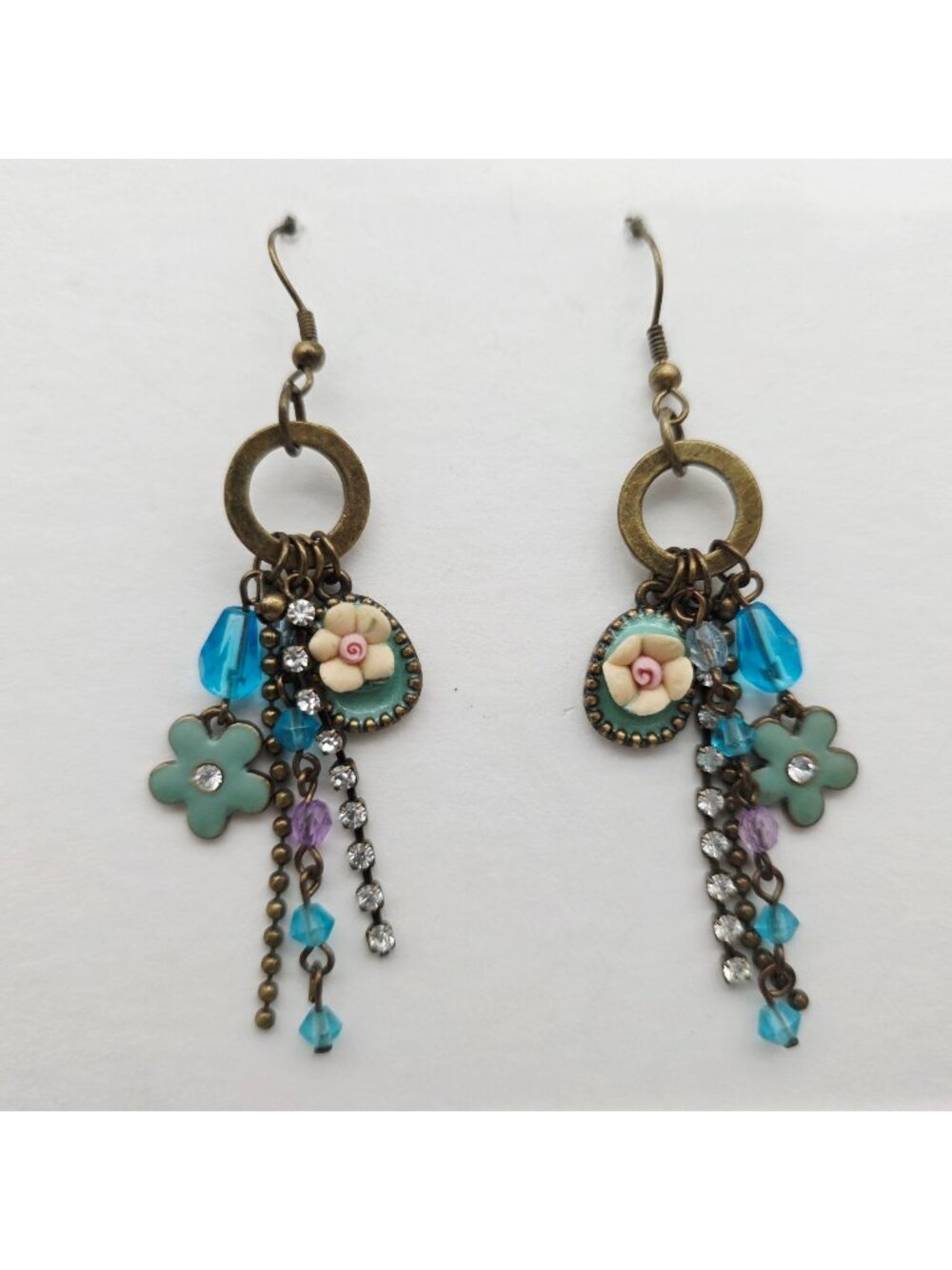 Vintage Dangle Earrings Floral Charms Rhinestones & Beads Bronze-Tone Hooks